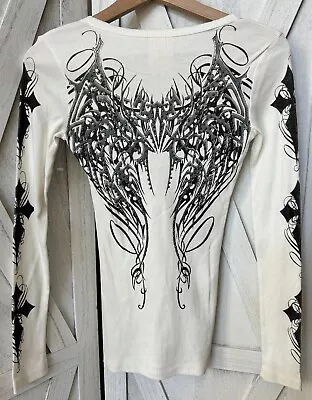 New Vocal Apparel Womens Crystal Off White Ivory Wings Long Sleeve Shirt S Small • $28