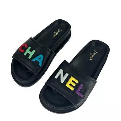  Chanel 2022 Lambskin Cha-Nel Mules Sandals Black Multicolor Size 36.5 • £1135.17