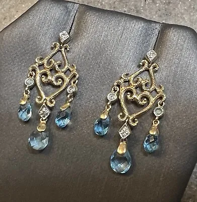 Vintage 10K Yellow Gold Blue Topaz & Diamond Chandelier Drop Dangle Earrings • $295