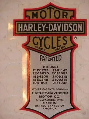 Harley Davidson Vintage Patent Patented Small Decal (inside) 2 X 1.25 New • $6.49