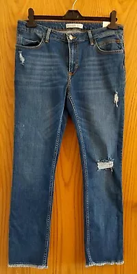 ZARA Ladies Basic Blue Denim Z1975 Straight Cropped Ripped Jeans Size 42 BNWT  • £16