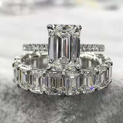 8Ct Emerald Lab Created Diamond Bridal Set Ring Eternity Band White Gold Plated • $125.69