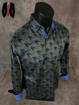 Mens Western Fashion Shirt Grey Blue Faded Houndstooth Sateen Feeling Button Up • $9.95