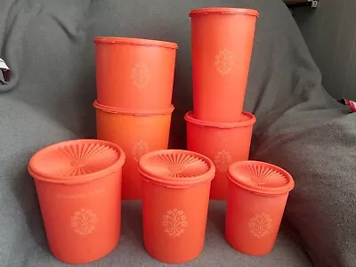 Vintage 14pc 1970s Orange Tupperware Assorted Canisters With Servaliers Lids • $79