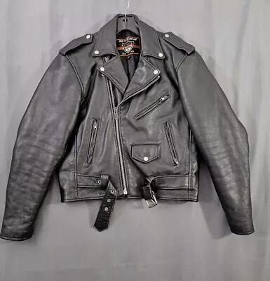 Vintage Black Leather Motorcycle BIKER Interstate Jacket Coat Mens M - L Size 38 • $64.88