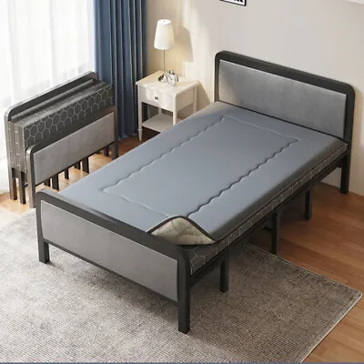 Foldable Bed Mattress Single Padded Guest Bed Grey Double Headboard Steel Framed • £135.95