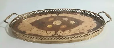 Vintage Italian Marquetry Wood Floral Inlay Brass Handles Serving Tray • $53.45