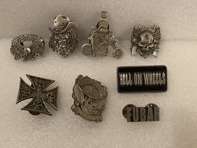 $20 • Buy Lot Of 8 Biker Motorcycle Metal Pins, Hell On Wheels, FUBAR, Skulls