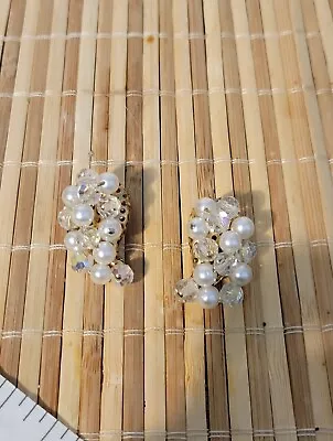 Vintage Hand-wired Glass Pearls And Crystal PAT PEND Clip-on Earrings • $24