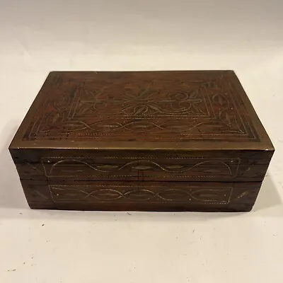 Fine Vintage Wood Trinket Box With Ornate Metal Inlay Hinged Lid Estate Find 6  • $10