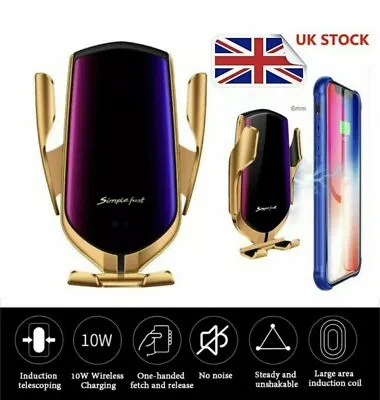 SMART SENSOR WIRELESS CAR CHARGER SIMPLE FAST AUTOMATIC Qi PHONE HOLDER GOLD • £14.99