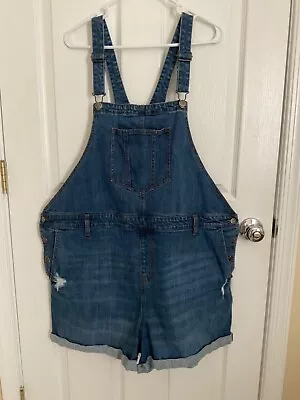 Old Navy Women’s Bib Overalls XXL Shorts Denim Shortalls Blue Slight Distressed • $20