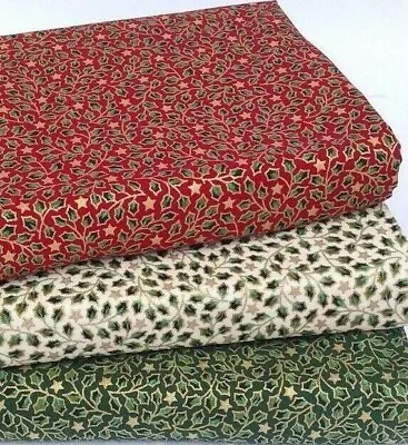 £1.45 • Buy Christmas Fabric 100% Cotton Metallic Holly Red Green Ivory Gold Half Metre Fq