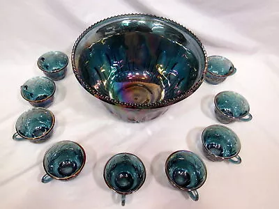 Vintage Indiana Carnival Glass Blue Iridescent Leaf Grape Punch Bowl And 9 Cups • $81.45