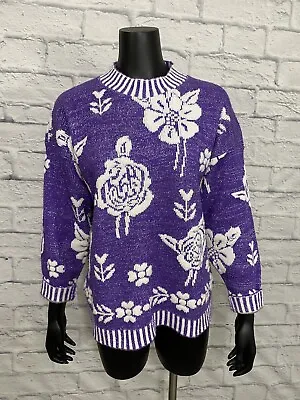 Purple Fairy Kai Sweater Metallic Shiny Floral Glamour Knits USA L 80s Vintage • $23.22