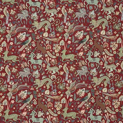 Tudor Forest Tapestry Fabric Red | Jacquard Mythical Curtains Upholstery Cushion • £1.99