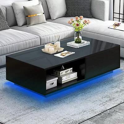 Extra Long 43  Black High Gloss Coffee Side Table 16Color LED Drawer Living Room • $159.99