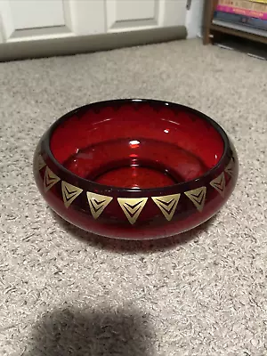 Vtg DALZELL VIKING Hand Made USA Ruby Red Glass 9 1/2” Bowl Gold Triangle Design • $42.99