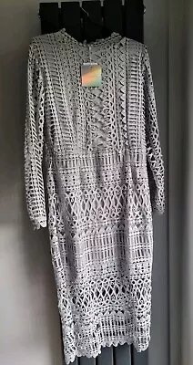 BNWT Misguided Light Grey High Neck Structured Lace Midi Dress  Size 16  • £19