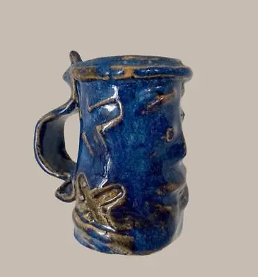 Mini Studio Pottery Blue Handle Face MUG Vase Signed On Bottom 3  Folk ART Ooak • $49.99