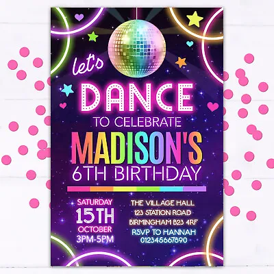 Personalised Dance Party Invitations Birthday Invites Disco Neon Pack Of 10 • £5.95