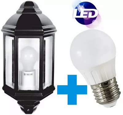 LED Caspian Half Lantern 8W Bulb Black Garden Wall Mounted IP44 Photocell  • £32.95