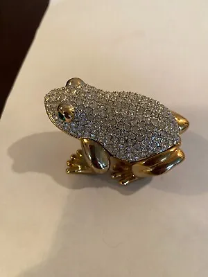 Swarovski / White Crystal Frog Green Stone Eyes Trinket Box  Hinged Gold Trim • $28