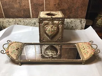 Vtg. Vanity Dressing Trimmed In Gold Ribbon Table Top Mirror Tray Tissue Box • $35