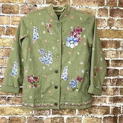 Denim & Co. Size Small Green Embroidered Jacket Slash Pockets Mandarin Collar • $22.50