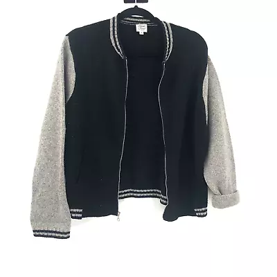 MARGARET O'LEARY Cardigan Sweater 100% Merino Wool Varsity Sweater Black Grey • $24.98