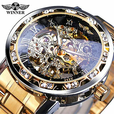 £23.99 • Buy WINNER Vintage Mens Watch Luxury Diamond Steel Skeleton Mechanical Wrist Watches