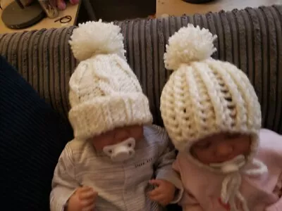 Newborn Baby Unisex Girls Boys Hand Knitted Crochet Hats  Set Of  2 Ivory  • £18