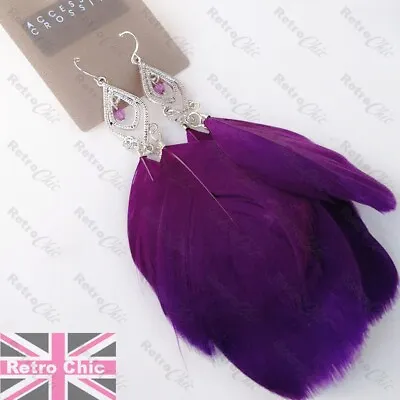 12cm Long CADBURY PURPLE Feathers CHANDELIER EARRINGS Feather SILVER FASHION • £2.99