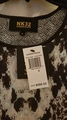$775 NK32 Naeem Khan Women's Gray Printed Cap Sleeve Round Neck Dress Size M • $50