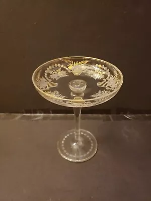 7  Compote Crystal Glass Antique Bohemian Moser Cut Etch Flowers Gold Gilt Rare • $35.95