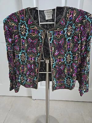 Vintage Stenay Sequin Beaded Silk Jacket Size Lg Multicolored • $31.99