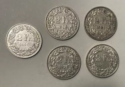 Switzerland - (5) Silver 2 Francs (1914-1940) - Nice Coins • $62