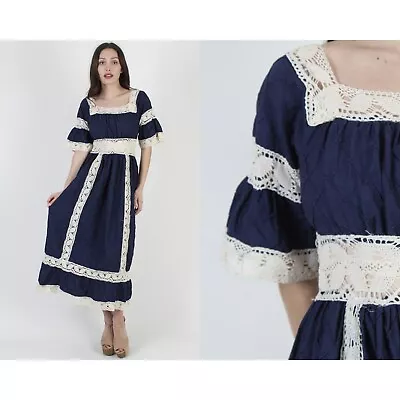 Vtg 70s Navy Bell Sleeve Mexican Wedding Dress Crochet Lace Quinceanera Vestido • $118