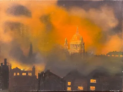Vintage Oil Painting Great Fire Of London 1940 • £160