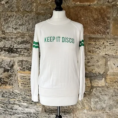 Zoe Karssen Keep It Disco Sweater XS 8 10 Embroidered Slogan Cotton Green White • £42