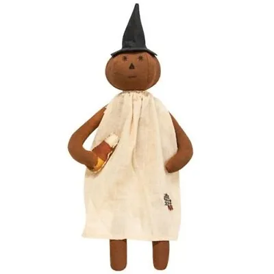 NEW Primitive Halloween PUMPKIN HEAD DOLL Witch Hat Folk Art 16 Tx5 Wx2.5D Cloth • $14.98