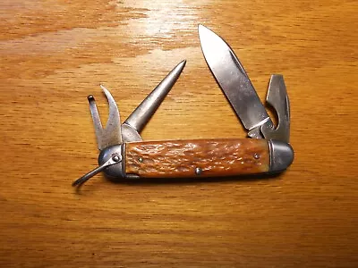 Vintage BOKER USA Camp 4 Blade Knife Tan Bone Lightly Used  1917 - 1980s • $15.50