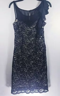 Women's The Limited Dress SZ M Black Lace Nude Lining Shoulder Ruffle Accent • $19.97