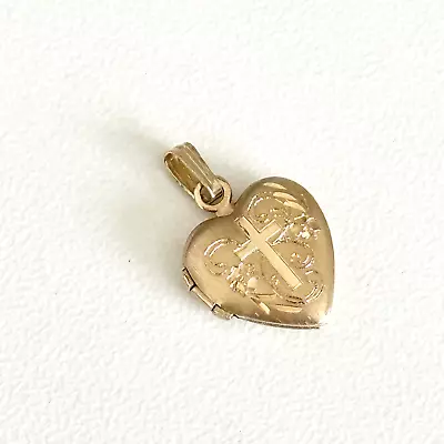 Vintage 14K Yellow Gold Etched Cross Puffy Heart Small Petite Locket Pendant • $150