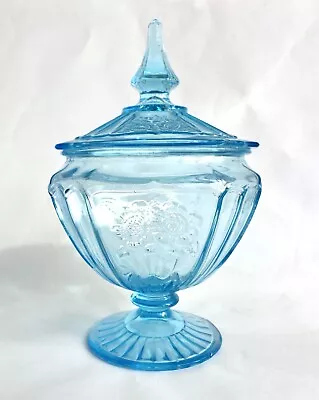 Anchor Hocking Mayfair Open Rose Blue Footed Candy Covered Dish Lid Depression • $240