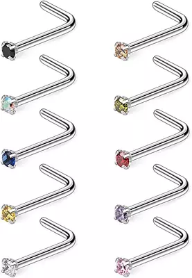 Ruifan 10-40PCS 22G Surgical Steel Diamond CZ Nose Stud Rings L Shaped Piercing  • $14.70