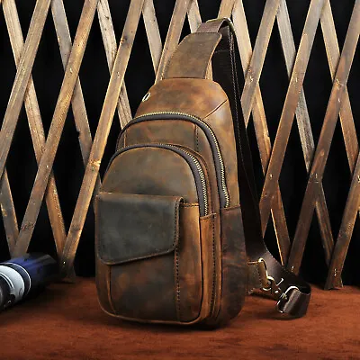 Mens Genuine Leather Crossbody Chest Sling Day Backpack Messenger Shoulder Bag • $46.99
