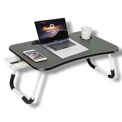 SXCDD Folding Laptop Table Grey Portable Bed Notebook Desk Drink Holder Drawer • £14.99