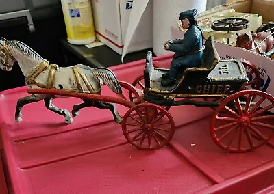 Cast Iron Vintage Horse Drawn Police Chief Wagon Toy  14” Long Carriage Toy Cart • $55