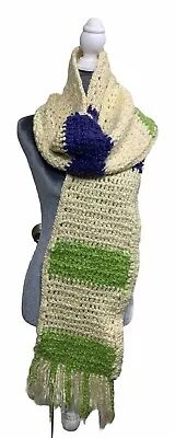 Hand Knit /Crocheted Scarf Cream Purple Green Rectangle  9  X 73  Long • $14.99